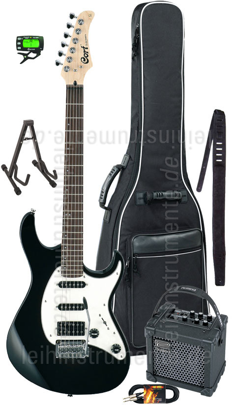 zur Artikelbeschreibung / Preis E-Gitarren Set CORT G220 schwarz + Roland Micro Cube GX + Tasche + Gurt + Kabel + Ständer + Stimmgerät